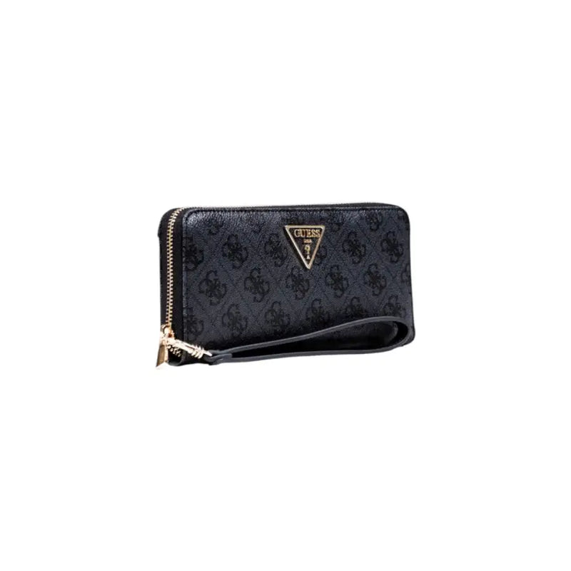 Black Guess zip wallet with repeating logo pattern and gold-tone zipper pull for organized storage
