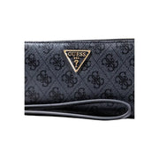 Guess grey print zip wallet wristlet in black with repeating monogram pattern and gold tone triangular logo