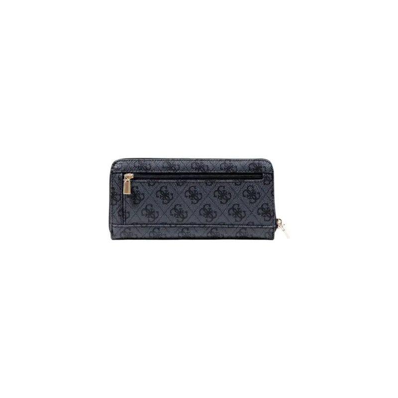 Dark gray Guess grey print zip wallet with repeating black logo pattern and gold-tone zipper pulls and multiple pockets