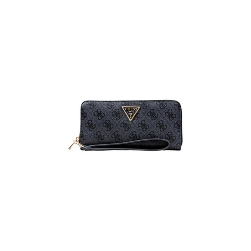 Black guess zip wallet with grey print logo pattern multiple pockets and gold-tone triangular brand emblem