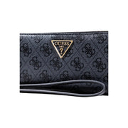 Guess grey print zip wallet wristlet in black with repeating monogram pattern and gold tone triangular logo