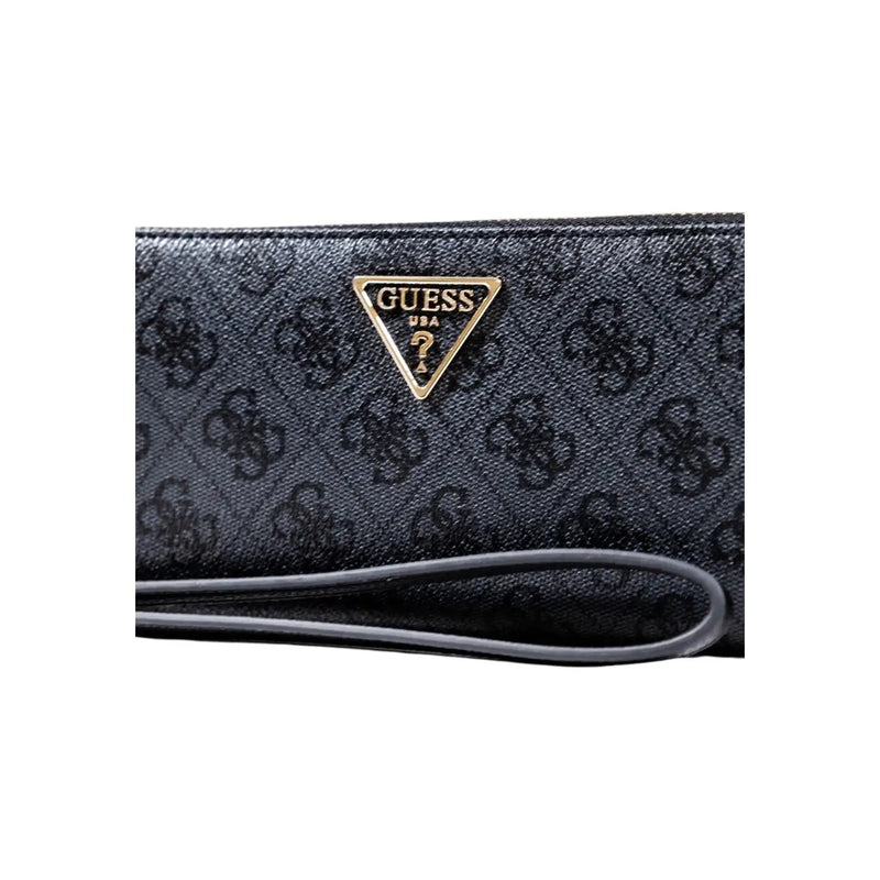 Guess grey print zip wallet wristlet in black with repeating monogram pattern and gold tone triangular logo