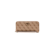 Beige Guess zip wallet with repeating logo pattern and matching wrist strap featuring multiple pockets