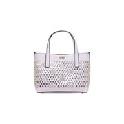 Guess lilac polyurethane handbag in white with a silver metallic lattice pattern and black handle trim with shoulder strap