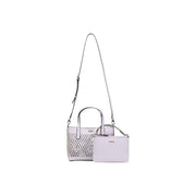 A pair of lilac polyurethane Guess handbags with shoulder straps, one perforated and one solid, featuring silver hardware