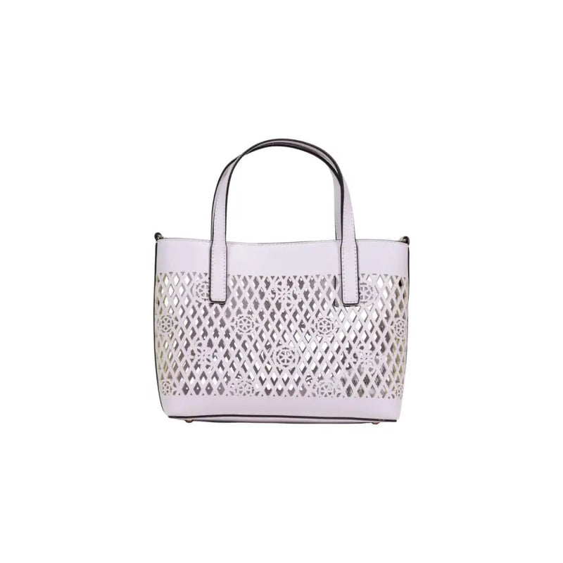 Guess lilac white leather tote bag with geometric lattice pattern and black trim handles with shoulder strap