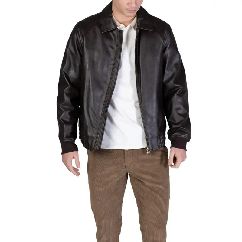 Guess men aviator jacket brown polyurethane classic size L with black leather bomber jacket featuring a zipper front and collar