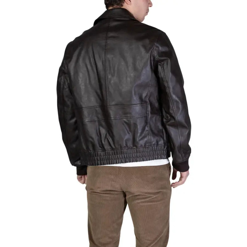 Black leather bomber jacket with ribbed cuffs and waistband from Guess men aviator jacket classic size L