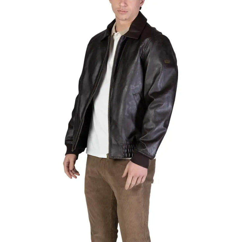 Guess men aviator jacket brown dark brown leather with subtle sheen and ribbed cuffs size L polyurethane classic