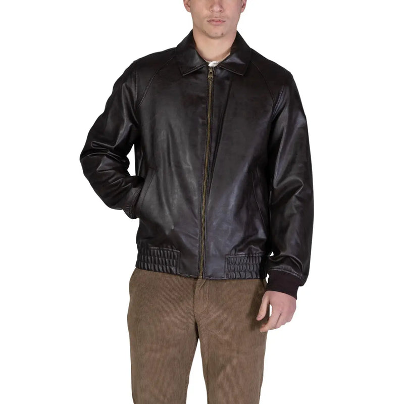 Black leather bomber jacket with gold zipper and ribbed cuffs from guess men aviator jacket brown polyurethane size l