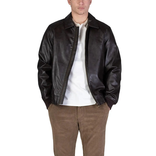 Guess men aviator jacket brown polyurethane with classic collar and front zipper in size l displayed from the front