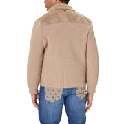 Beige textured sweater with suede accents and patterned lining, inspired by ralph lauren’s classic style.