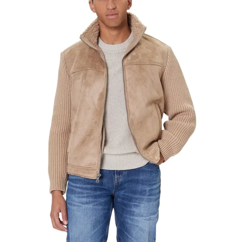 Tan suede bomber jacket with corduroy sleeves and shearling collar