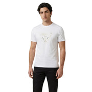 Guess men black cotton short sleeve round neck t shirt with white front and subtle gold toned graphic design on chest