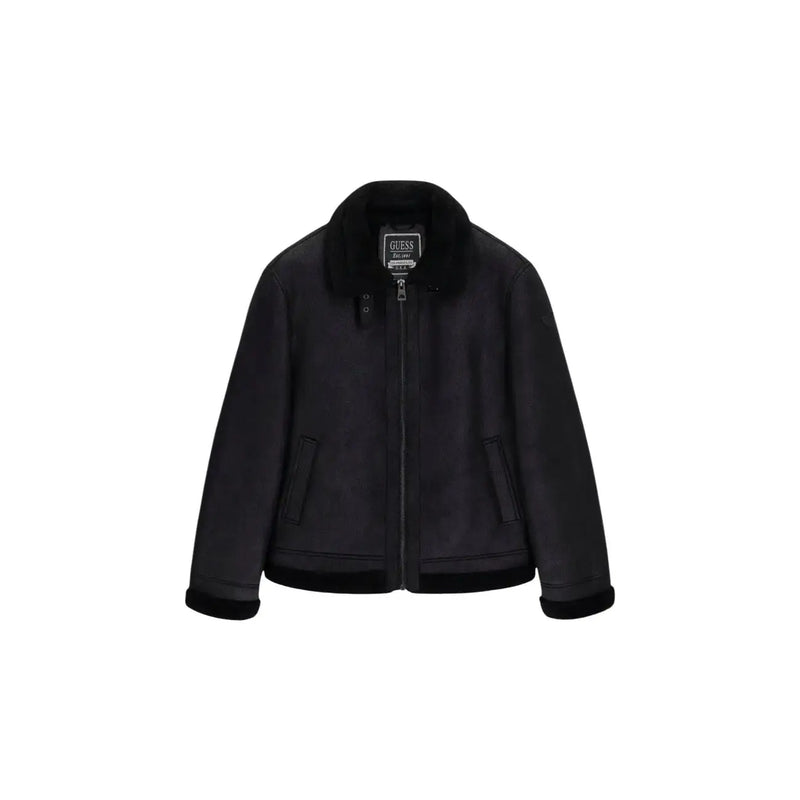 Guess Schwarzer Herren-Blazer aus Polyurethan mit Reißverschluss, flauschigem Shearling-Kragen, Frontreißverschluss und zwei Seitentaschen