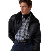 Guess Schwarze Herren-Blazerjacke aus Polyurethan mit Reißverschluss, matter Oberfläche und schwarzem Shearling-Futter im Bomberjacken-Stil