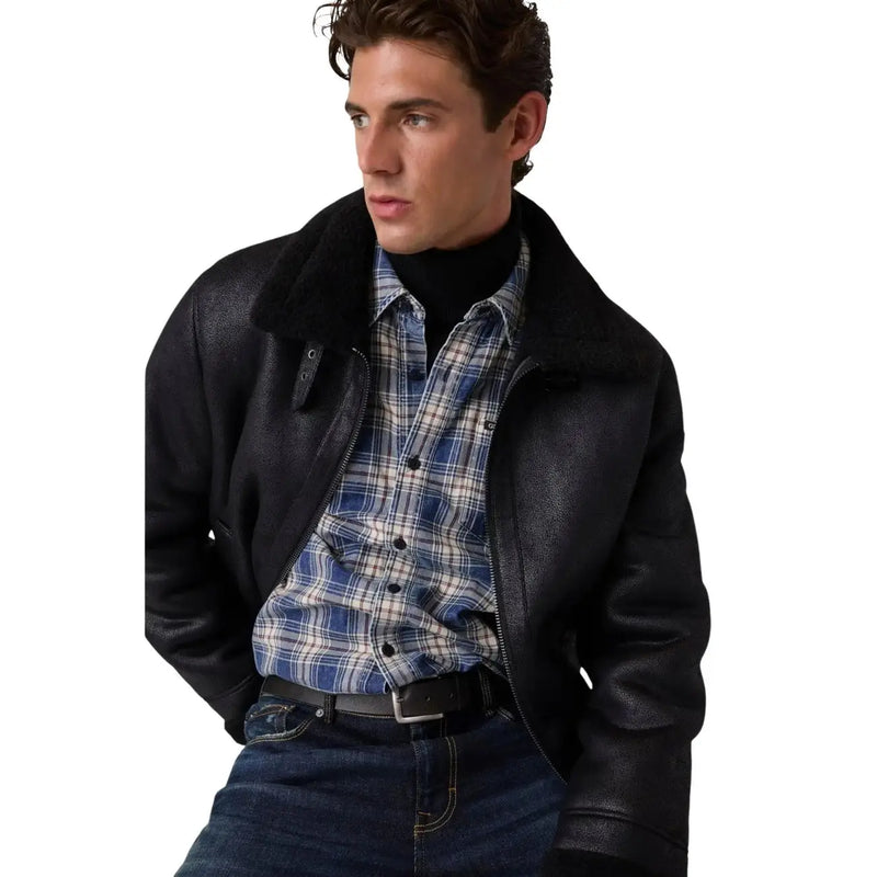 Guess Schwarze Herren-Blazerjacke aus Polyurethan mit Reißverschluss, matter Oberfläche und schwarzem Shearling-Futter im Bomberjacken-Stil