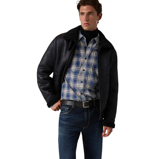 Guess men black polyurethane bomber jacket with plush shearling collar for stylish and warm outerwear