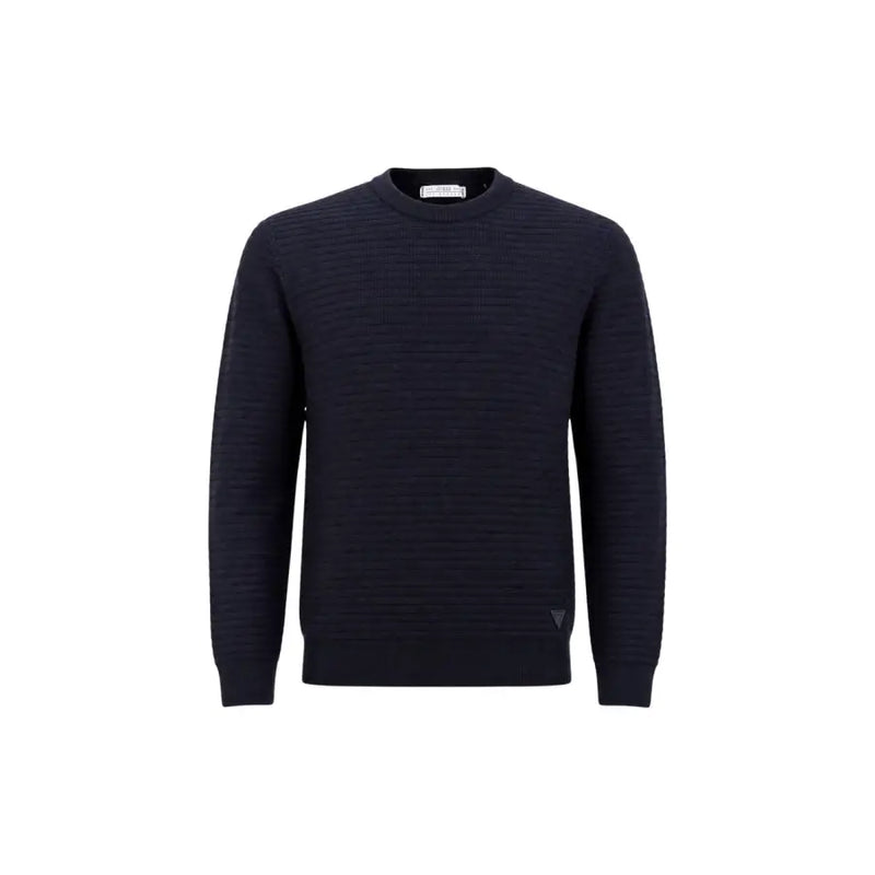 Guess men blue knitwear Merton crew neck sweater in dark navy with subtle ribbed texture and triangular logo detail