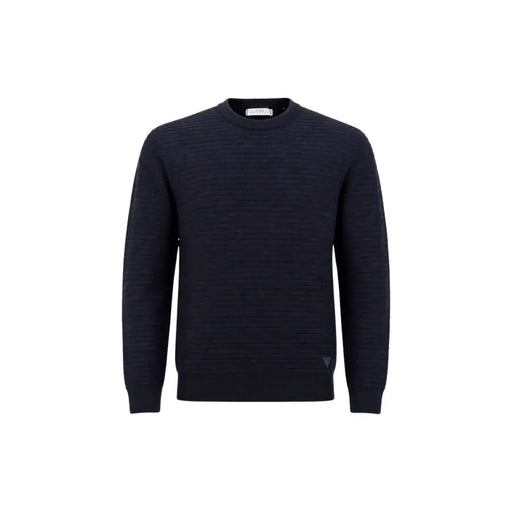 Guess men blue knitwear Merton crew neck sweater in dark navy with subtle ribbed texture and triangular logo detail