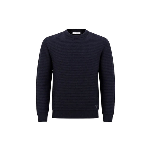 Guess men blue knitwear Merton crew neck sweater in dark navy with subtle ribbed texture and triangular logo detail