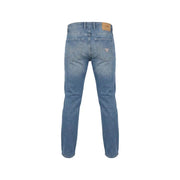 Back side of light-wash blue cotton stretch guess men jeans with classic straight-leg cut and logo on pocket