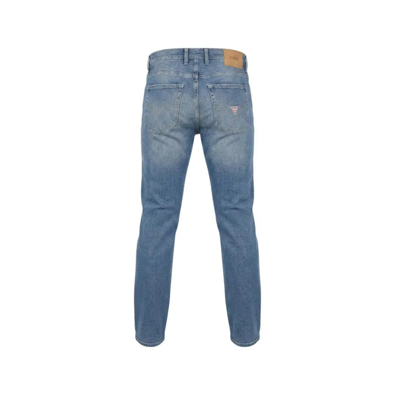 Back side of light-wash blue cotton stretch guess men jeans with classic straight-leg cut and logo on pocket