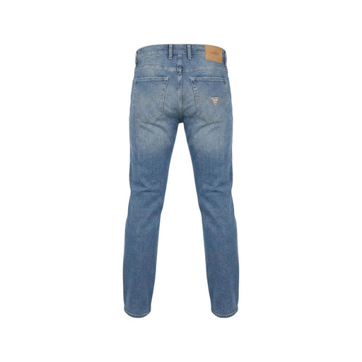 Back side of light-wash blue cotton stretch guess men jeans with classic straight-leg cut and logo on pocket