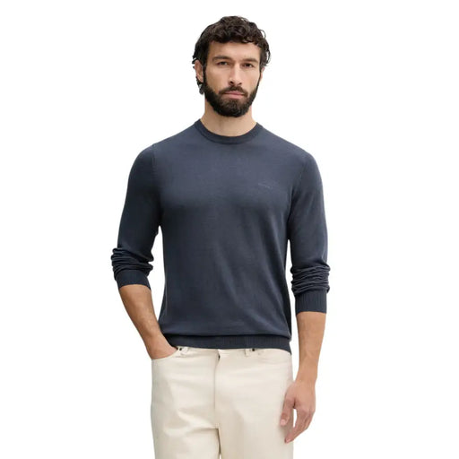 Dark blue Guess men knitwear crewneck sweater with ribbed cuffs and hem long sleeve round neck Marcos CN