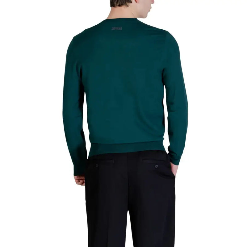 Dark green Guess men knitwear long-sleeved round neck sweater with viscose blend and subtle brand logo at neckline