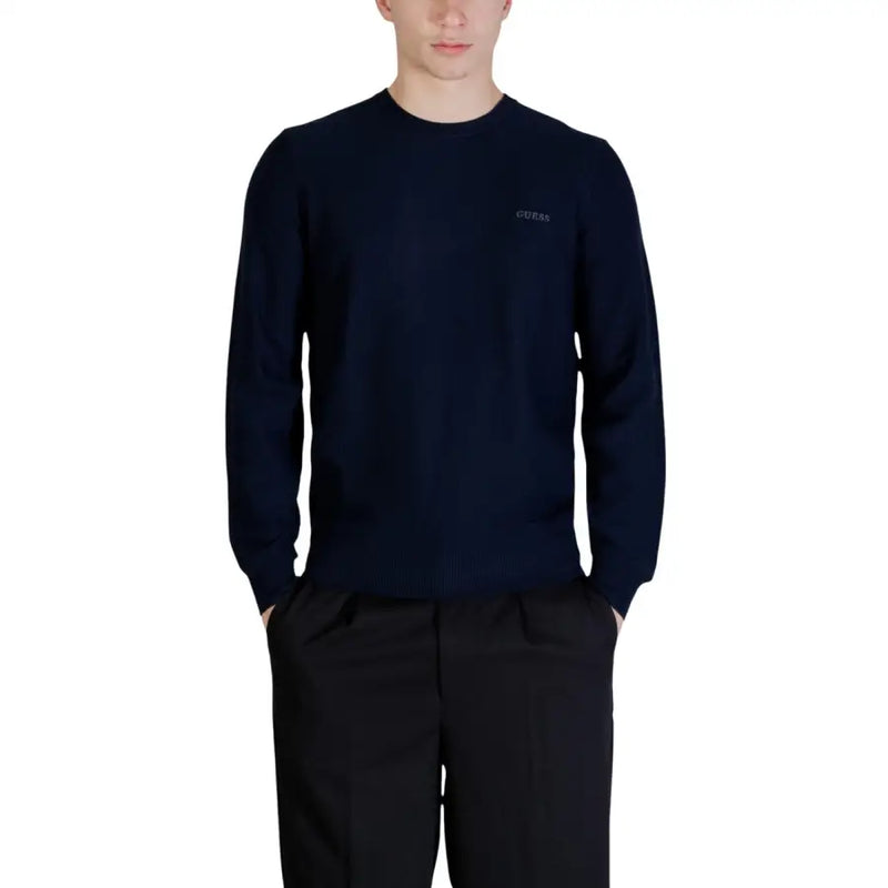 Dark navy blue Guess men knitwear crewneck sweater with subtle embroidered branding on left chest