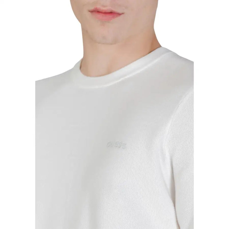 White Guess men knitwear crewneck sweatshirt with subtle textured knit and small embroidered chest logo