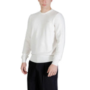 Guess men knitwear Karim beige round neck sweater in white with ribbed cuffs and hem for casual wear