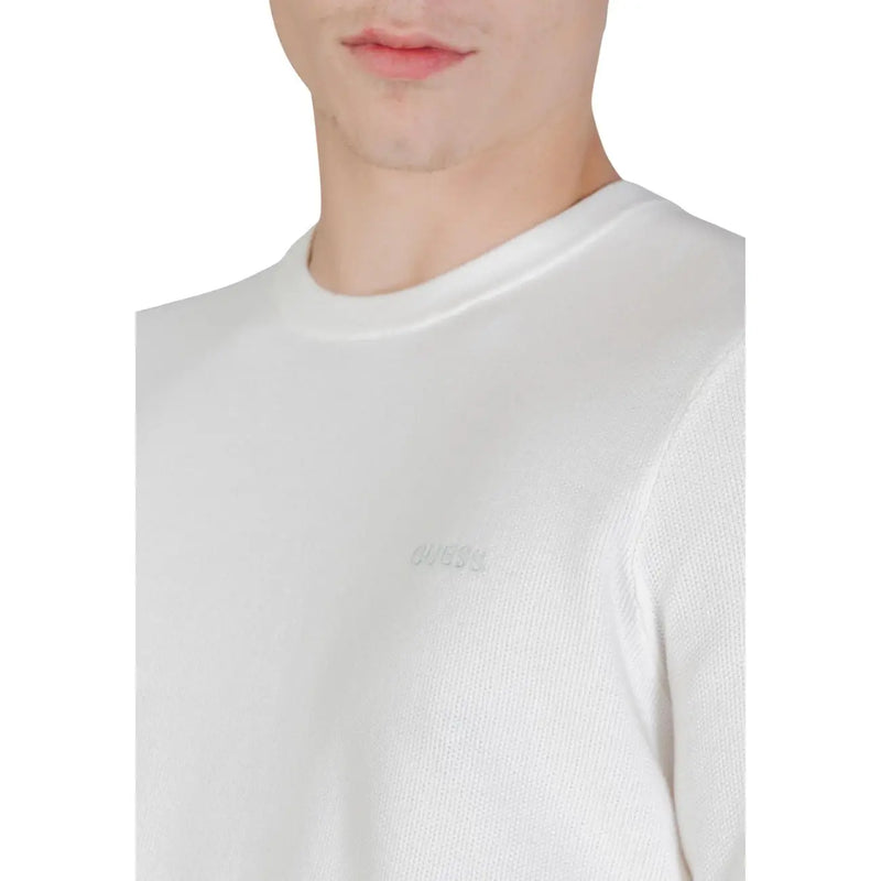White Guess men knitwear crewneck sweatshirt with subtle textured knit and small embroidered chest logo