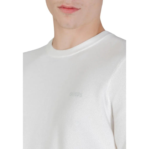 White Guess men knitwear crewneck sweatshirt with subtle textured knit and small embroidered chest logo