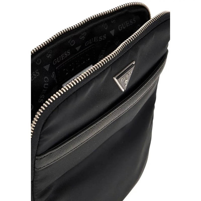Guess Men Milano black polyester crossbody bag with silver zipper and triangular logo plaque W23cm