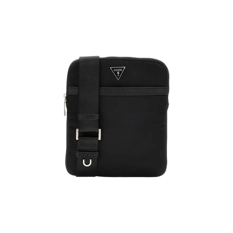 Black Guess Men Milano bumbag in polyester with a sleek minimalist design and silver-toned hardware accents