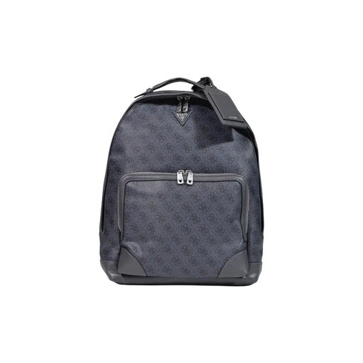 Dark gray prada backpack with repeating monogram pattern and leather trim shown with guess men milano grey faux leather bag