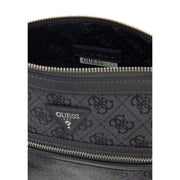 Black Guess eco crossbody bag with repeating monogram pattern and silver-toned zippers in faux leather design