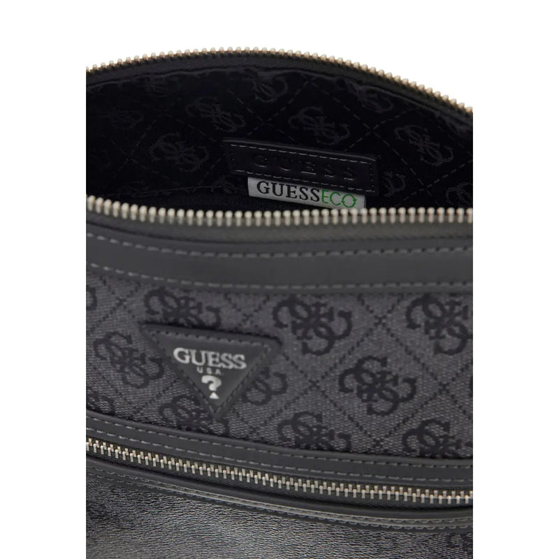 Black Guess eco crossbody bag with repeating monogram pattern and silver-toned zippers in faux leather design