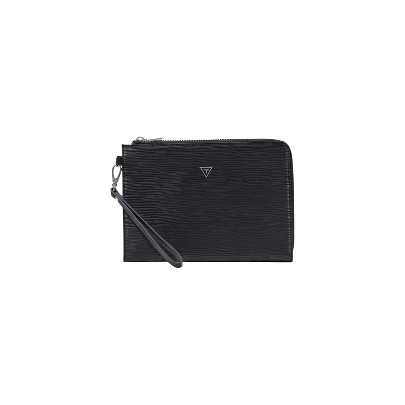 Guess men milano small toiletry bag black faux leather with silver-toned triangular logo and zipper closure
