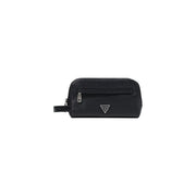 Guess men milano small toiletry bag in black faux leather with textured finish silver-tone zipper and triangular logo
