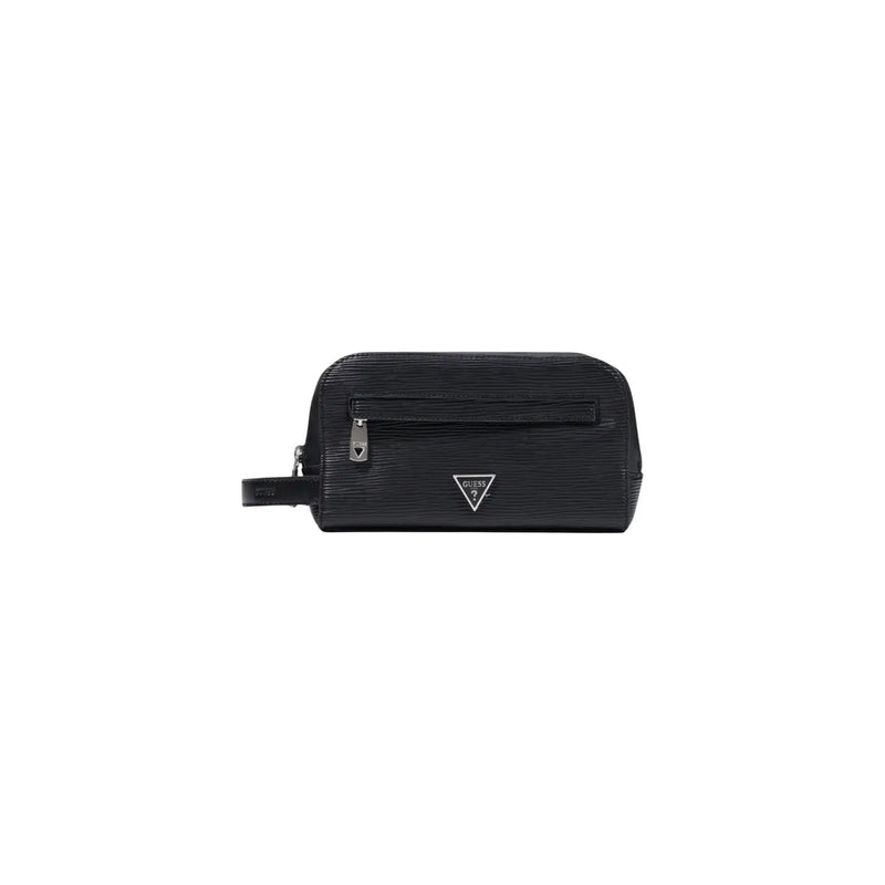 Guess men milano small toiletry bag in black faux leather with textured finish silver-tone zipper and triangular logo