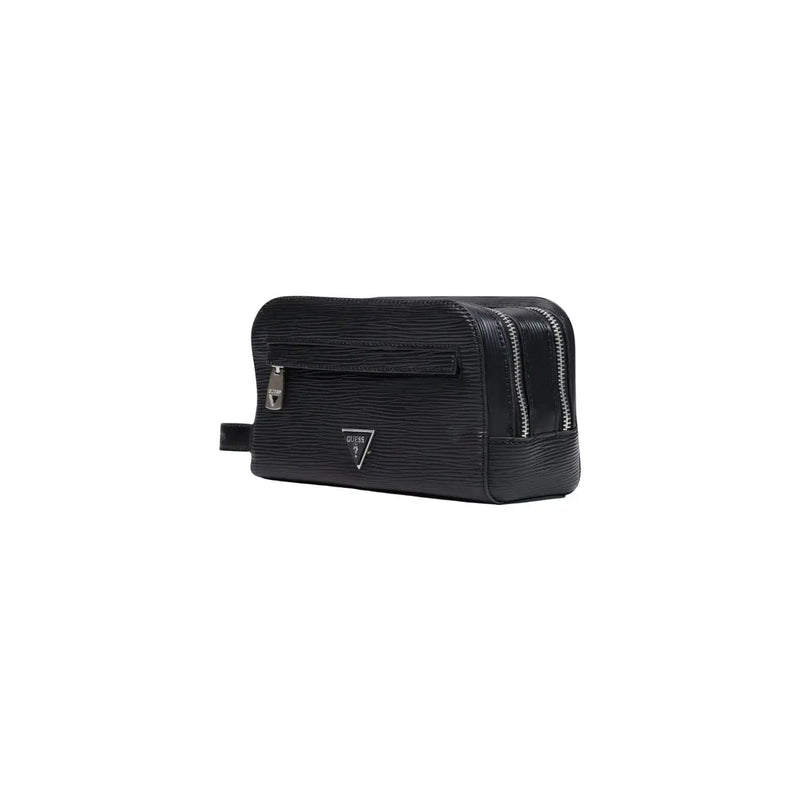 Black textured leather guess men milano small toiletry bag with silver zippers and triangular logo W22