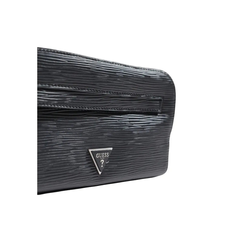 Guess men Milano small toiletry bag in black textured faux leather with a silver triangular Guess logo on the front