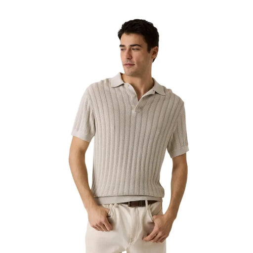 Beige ribbed knit polo shirt with classic collar short sleeves made of cotton viscose by Guess men