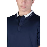 Guess men polo shirt navy blue cotton short sleeve with white collar and Guess logo embroidered on inner collar edge