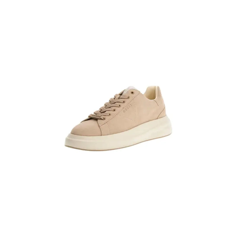 Beige suede Guess men sneakers with chunky white rubber sole and matching laces sporty slip on shoes