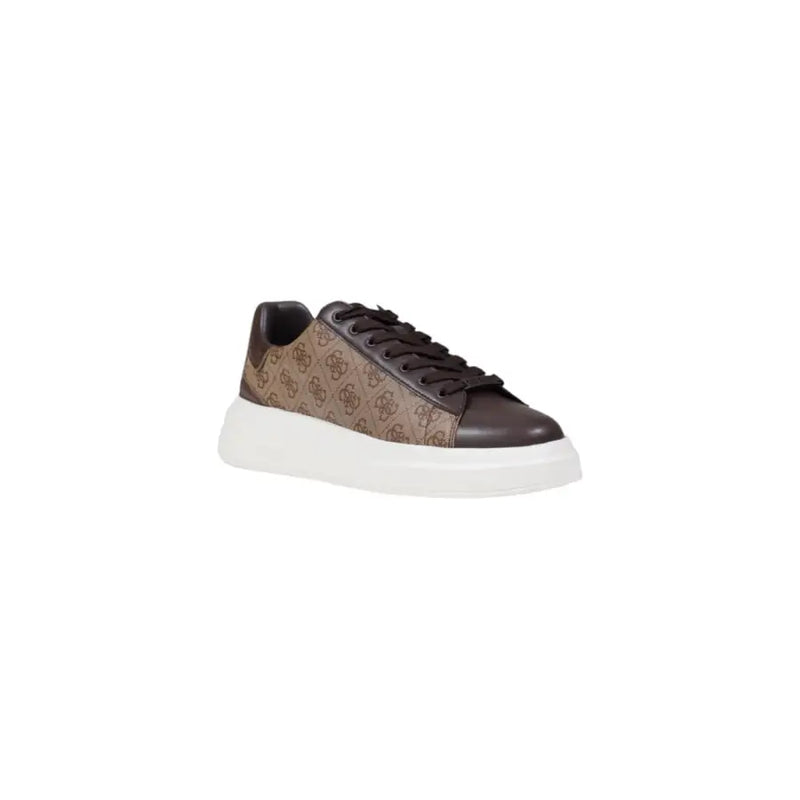 Guess men sneakers brown low-top patterned polyurethane faux leather with white rubber sole size 12