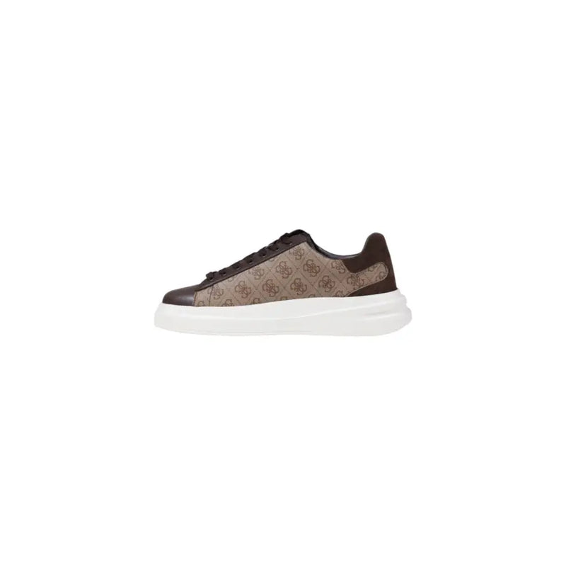 Guess men sneakers brown polyurethane faux leather low-top with beige pattern and white rubber sole size 12